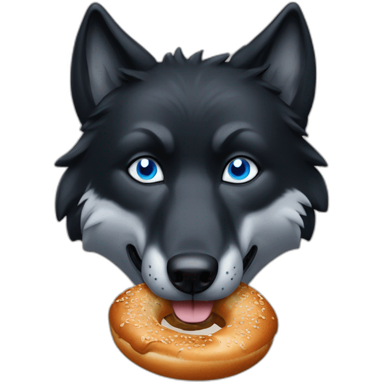 a full black wolf with blue eyes eats a bretzel emoji