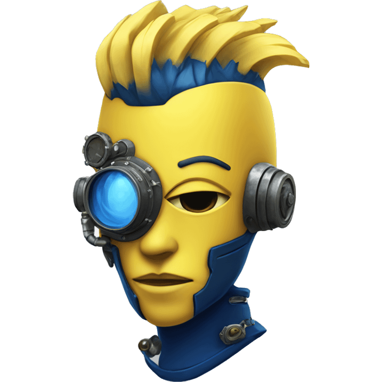 Yellow cyborg head with dark blue steampunk goggles and dark blue Mohawk  emoji