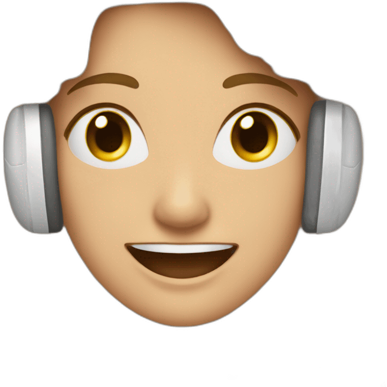 Mujer blanca feliz con audifonos blancos con las manos arriba emoji