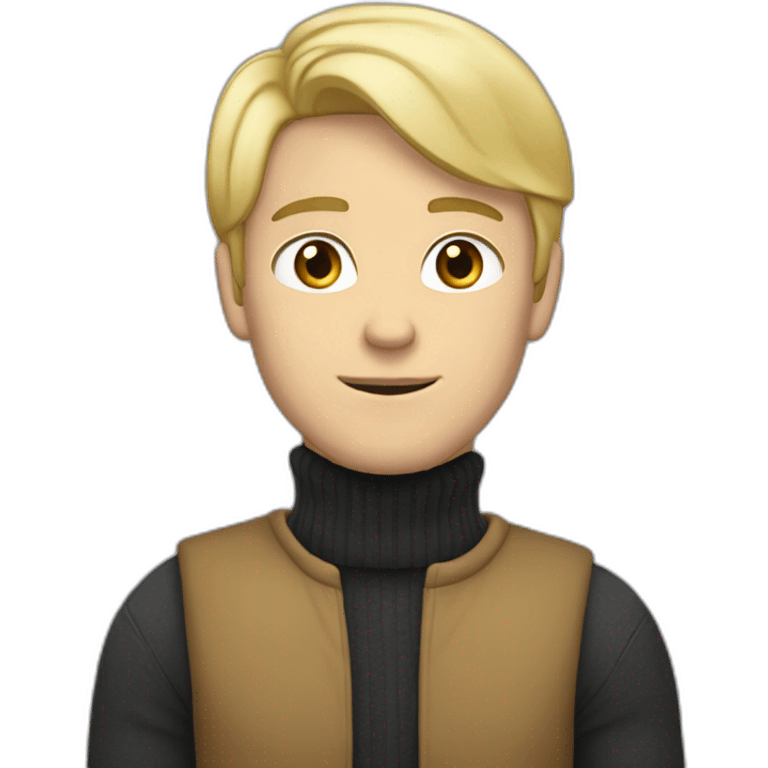 white-skinned guy in a turtleneck with blond hair shows a peace sign emoji