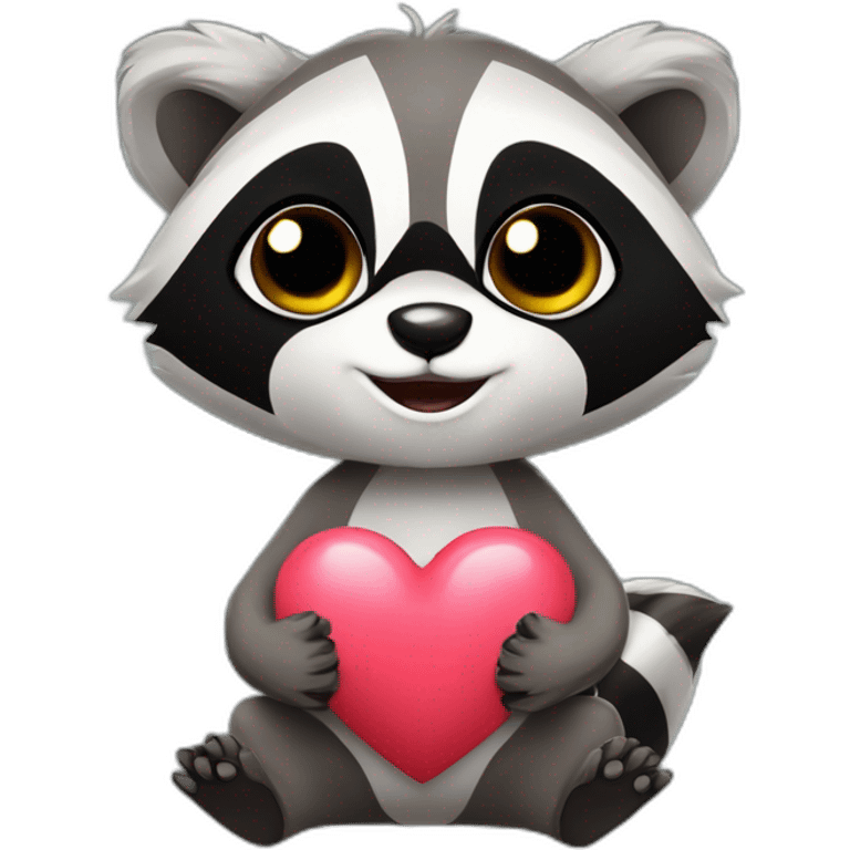 We just see his heads, cute cartoon racoon with a heart in his hands, we use the heart like a piloow and wears a mask emoji