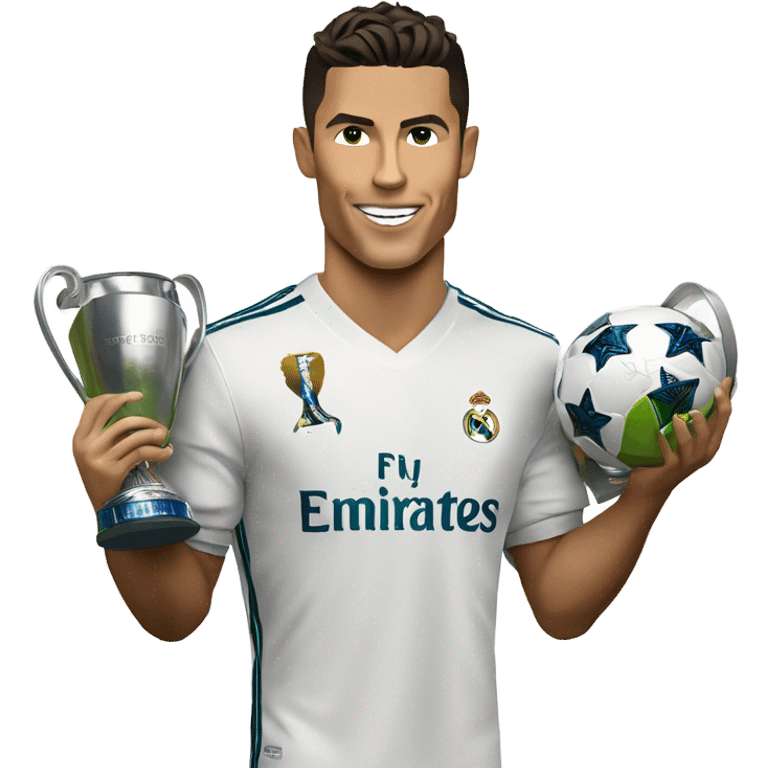 Cristiano Ronaldo holding a champions league while wearing a Real Madrid jersey  emoji