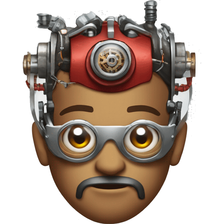 Brown cyborg head with red Mohawk, red beard. silver steampunk monocle goggles a smile and circuits emoji