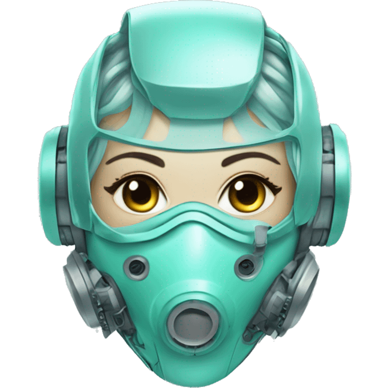 Pastel aqua hair female cyborg head with respirator mask and circuits emoji