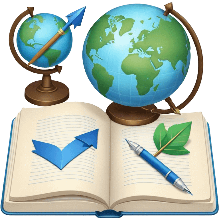 Create an emoji representing language translation. The design should feature a globe in the background, symbolizing international communication. In front of the globe, place two books or sheets of paper with texs on them and a pen nearby to indicate the act of writing. Add two arrows pointing in opposite directions between the sheets to represent the translation process. Use a clean and professional color palette with blues, greens, and neutral tones. Make the background transparent. emoji