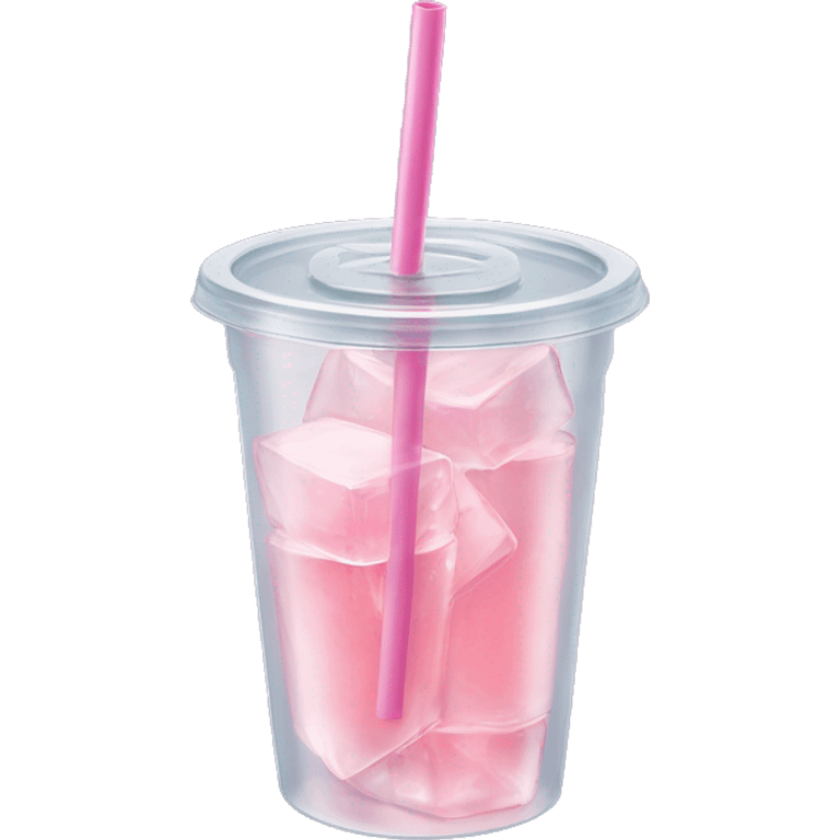 Realistic plastic cup and lid with Transluscent light pink soda and large ice cubes inside and one straw through the top of the lid. emoji