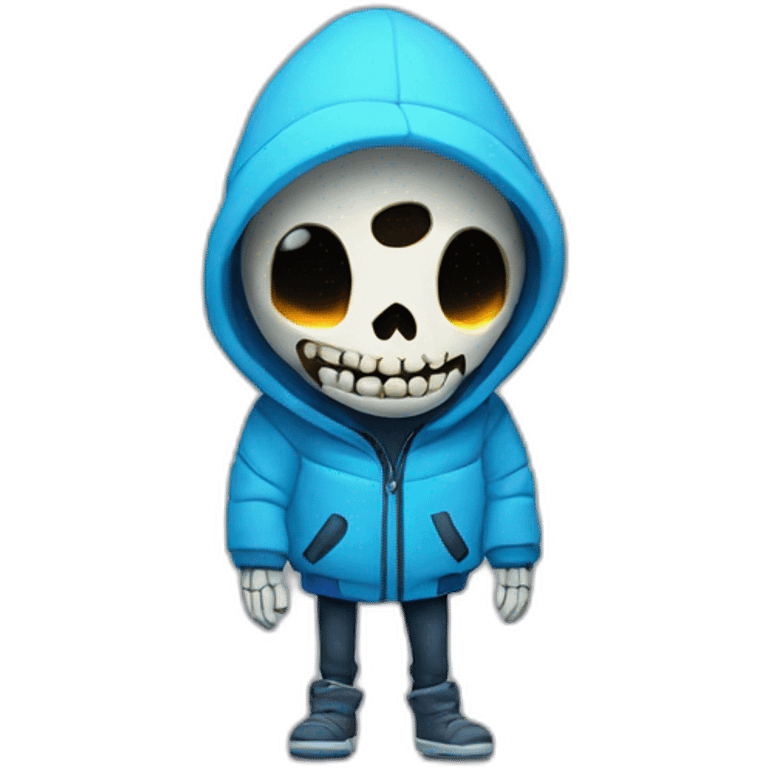 Sans the skeleton with blue glowing left eye wearing a blue winter jacket emoji