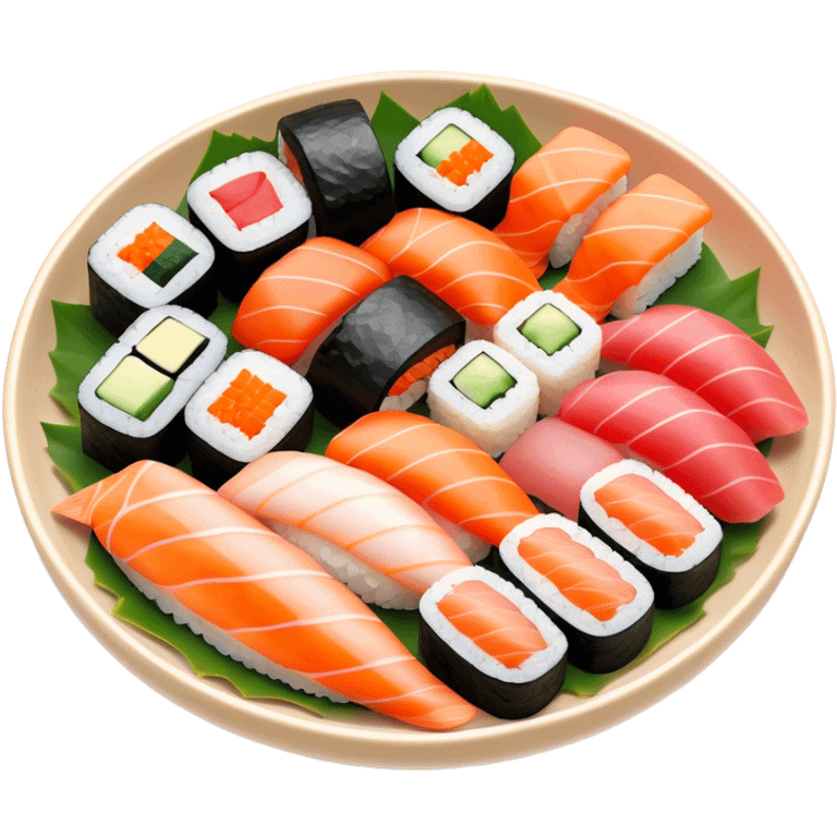 Cinematic Realistic Sushi Dish Emoji, depicted as an artful arrangement of fresh sushi with vibrant colors rendered with lifelike textures and delicate, natural lighting. emoji