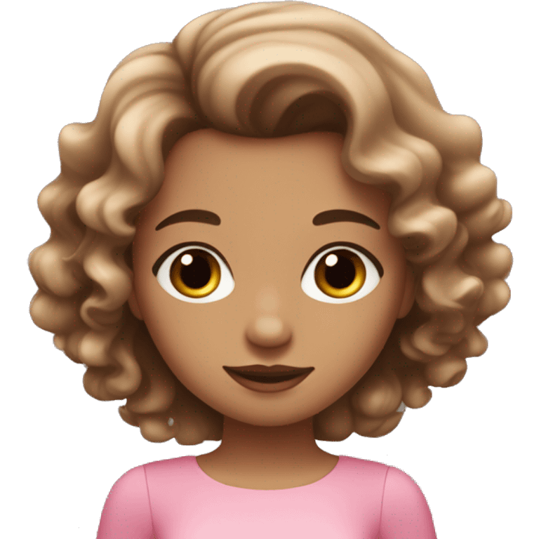 girl with wavy hair, eyes and hair brown and a pink dress coquette emoji