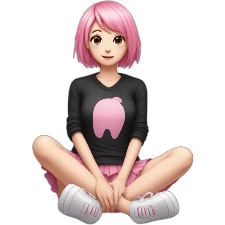 full body Front view emo girl sits on the floor black skirt pink knickers emoji