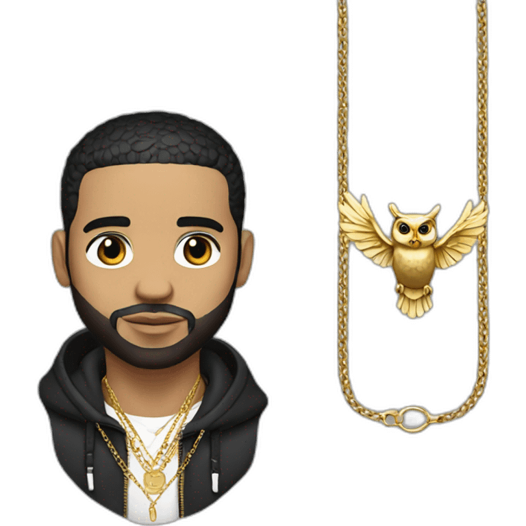 Drake (the artist) wearing a gold chain with an owl pendant  emoji