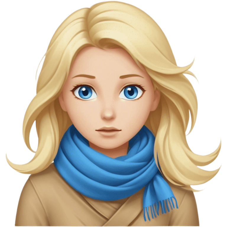 Cinematic realistic blonde with blue eyes, wrapped in a scarf, hair blown away by the wind emoji