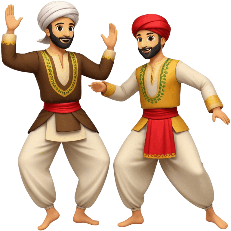 Cinematic Realistic Dabke Dance Emoji, depicted as an energetic traditional Lebanese folk dance with vibrant costumes and rhythmic movements, rendered with dynamic textures and festive natural lighting that captures its communal joy. emoji