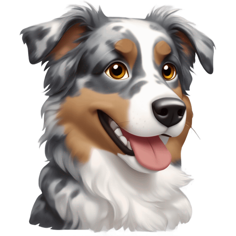 Blue merle Australian Shepherd with mostly gray and black fur, tan accents on cheeks, eyebrows, and legs, minimal white on the face and chest, bright brown eyes, black-tipped fluffy ears, big happy smile, and a red collar with tags. emoji