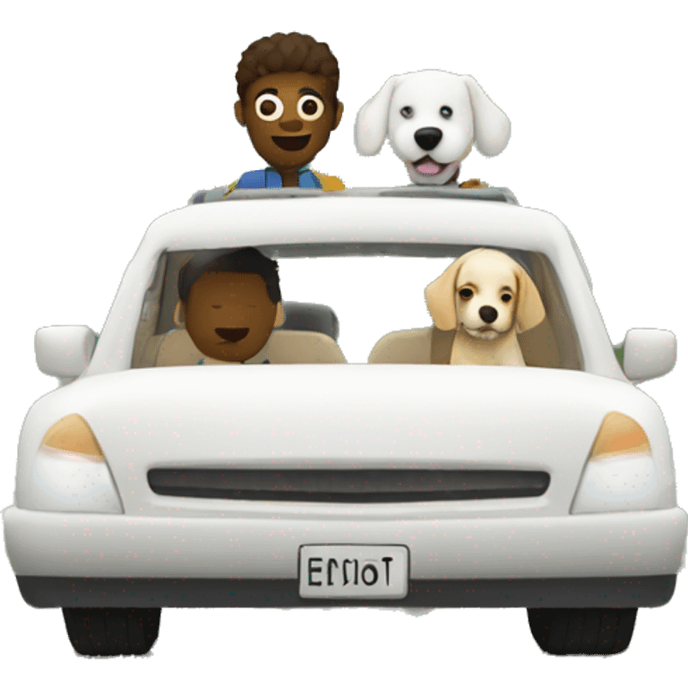 Road trip with two people and white dog in car emoji