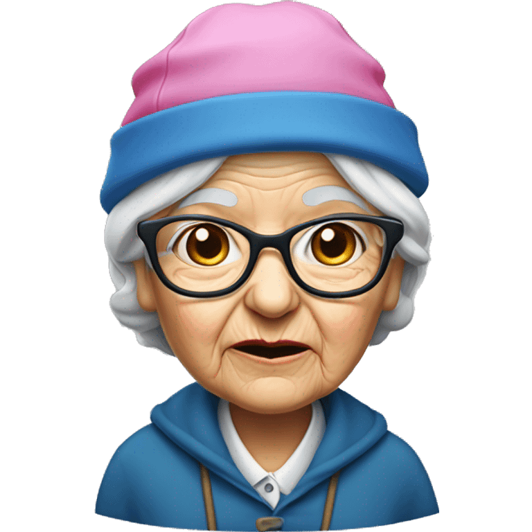 old lady hunched with a pink beanie and a blue coat, a cane and thin rectangular glasses, with a missing tooth emoji