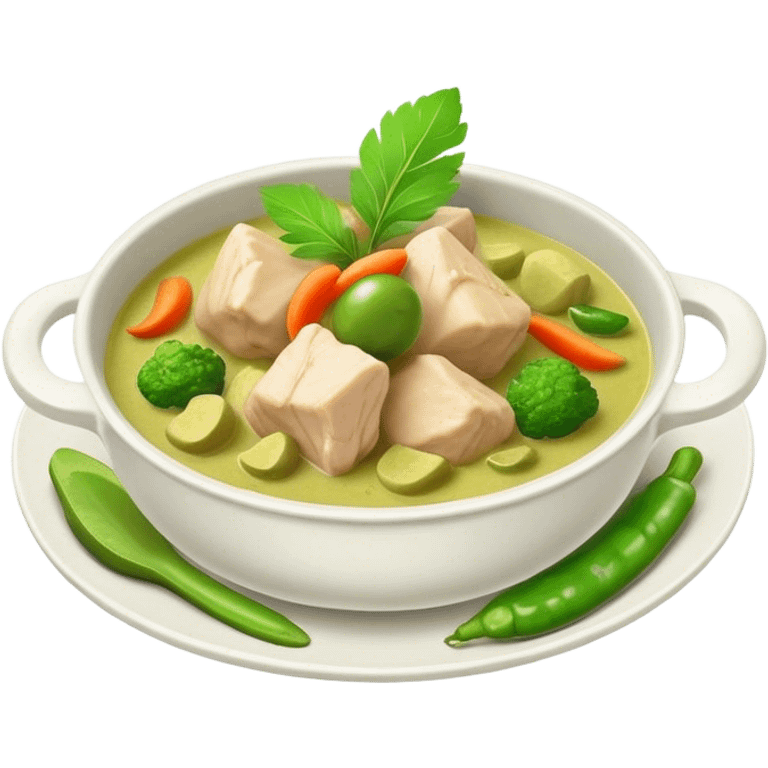 Green Chicken Curry Cinematic Realistic Green Chicken Curry Dish Emoji, depicted as tender chicken chunks simmered in a fragrant green curry sauce with vegetables, rendered with vivid textures and dynamic, vibrant lighting. emoji