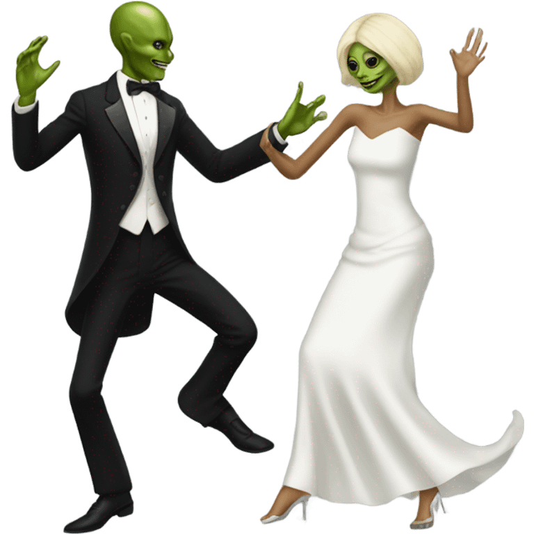  a Reptilian alien woman, in white dress, dance with a human man in frack emoji