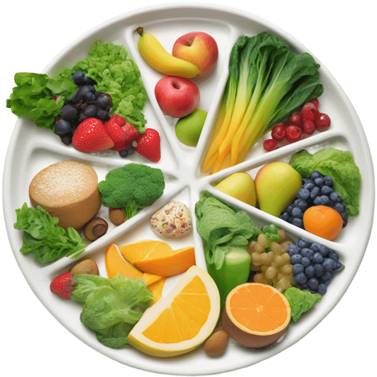 A large white round plate of healthy food emoji