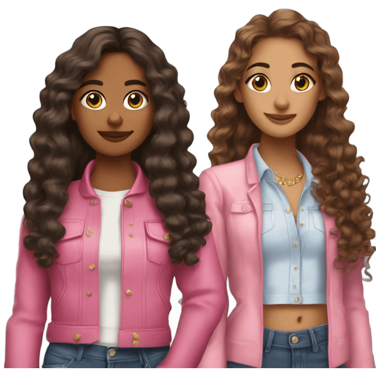 two Latina best friends wearing pink. Long hair. One curly hair and one straight hair. Boujie classy outfits emoji