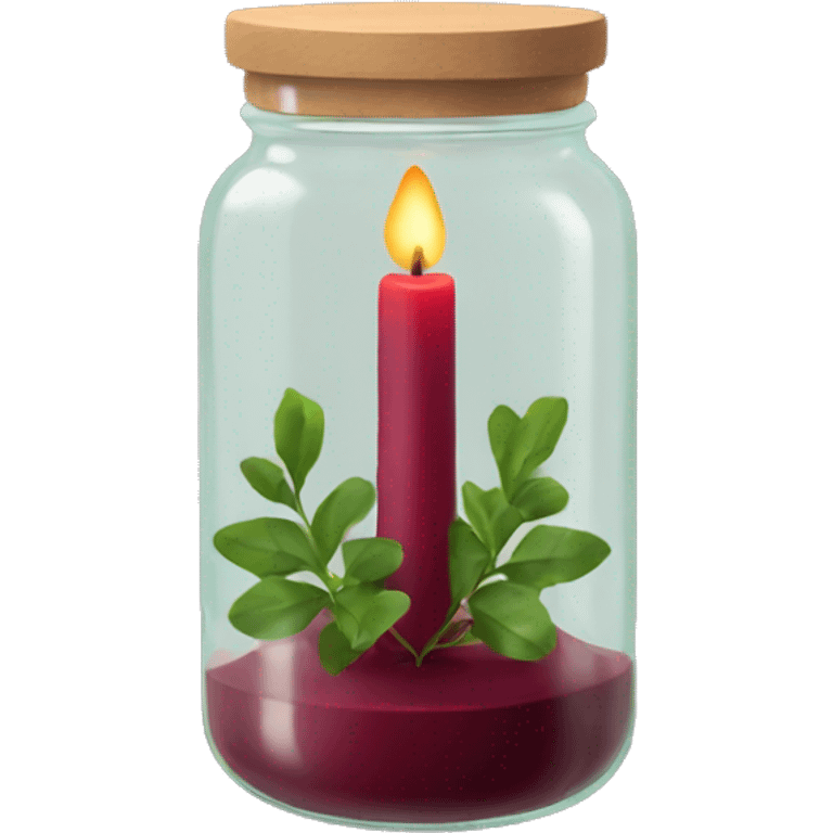 Tall maroon candle in glass jar with greenery  emoji