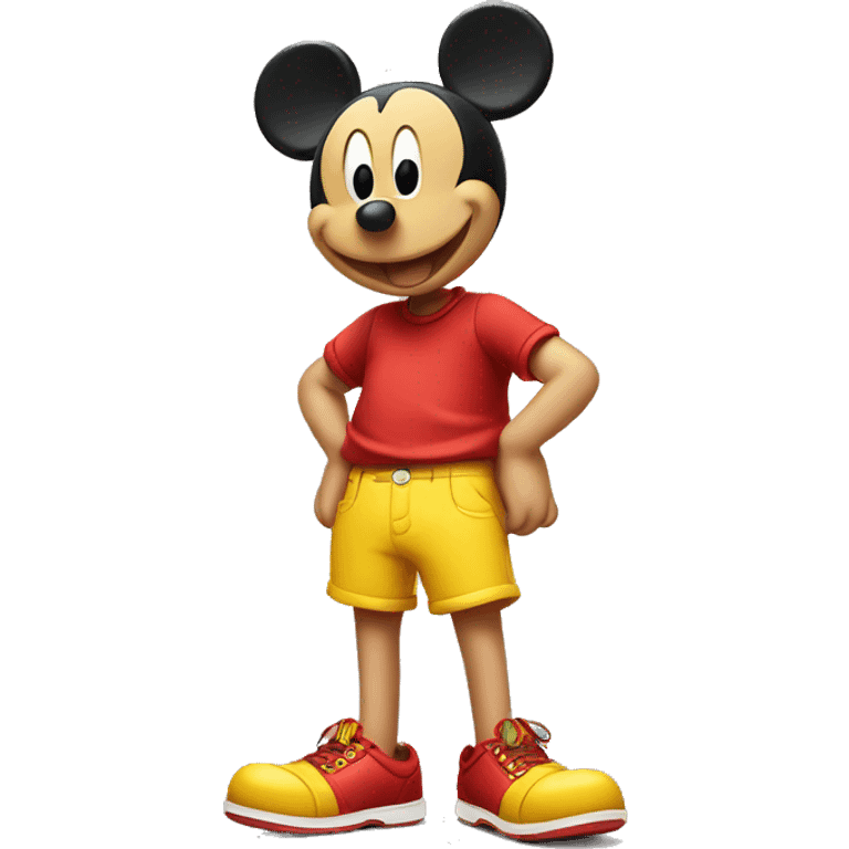 Mickey Mouse wearing red shorts and big yellow shoes, smiling happily. emoji