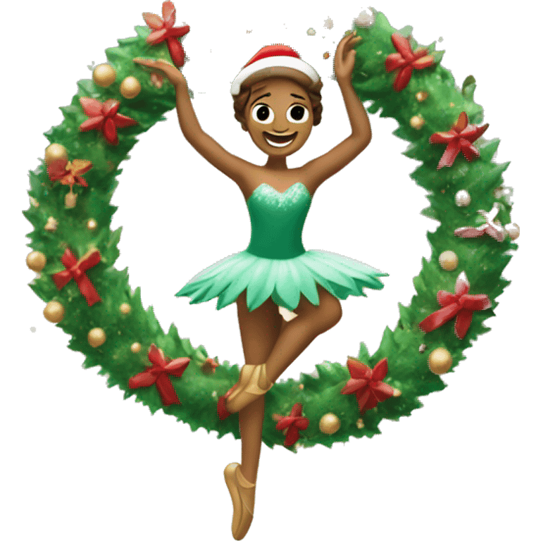 A cartoon Christmas wreath with long arms and legs is dancing ballet in the snow emoji