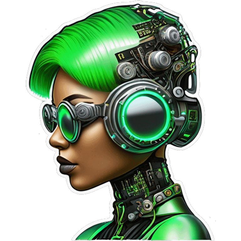 Neon green bobbed hair Latina female cyborg head with silver steampunk goggles and circuits emoji