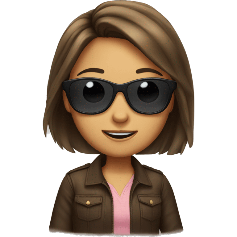 A girl with along brown hair wearing sunglasses and winking  emoji