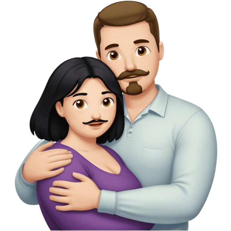 Couple, Tall strong white man with brown mustache goatee hugging a chubby short pale woman with long black hair emoji