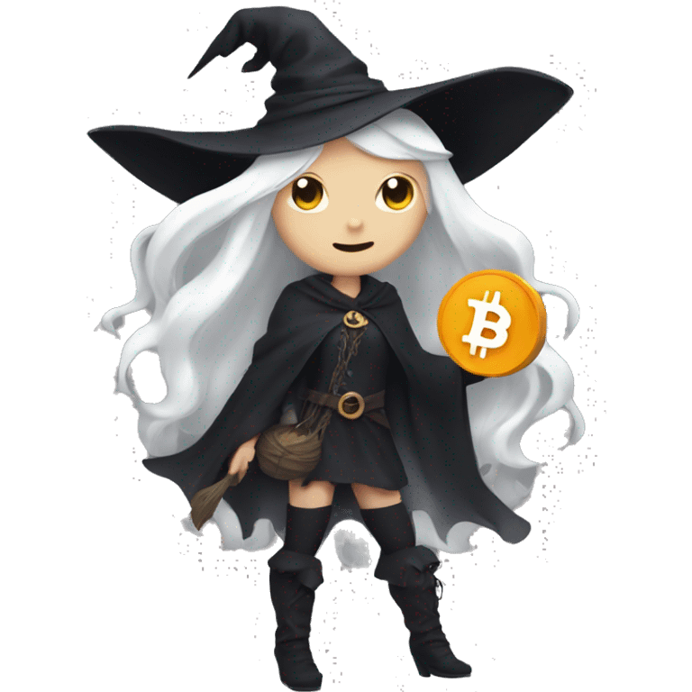 Witch with bitcoin, cute, white skin, white long hair emoji