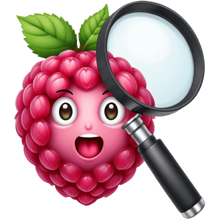 A single pink raspberry holding a magnifier emoji