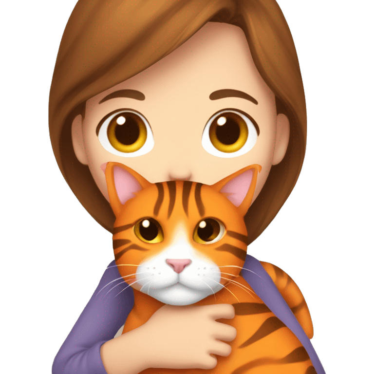 brown haired girl cuddling with orange tiger cat  emoji