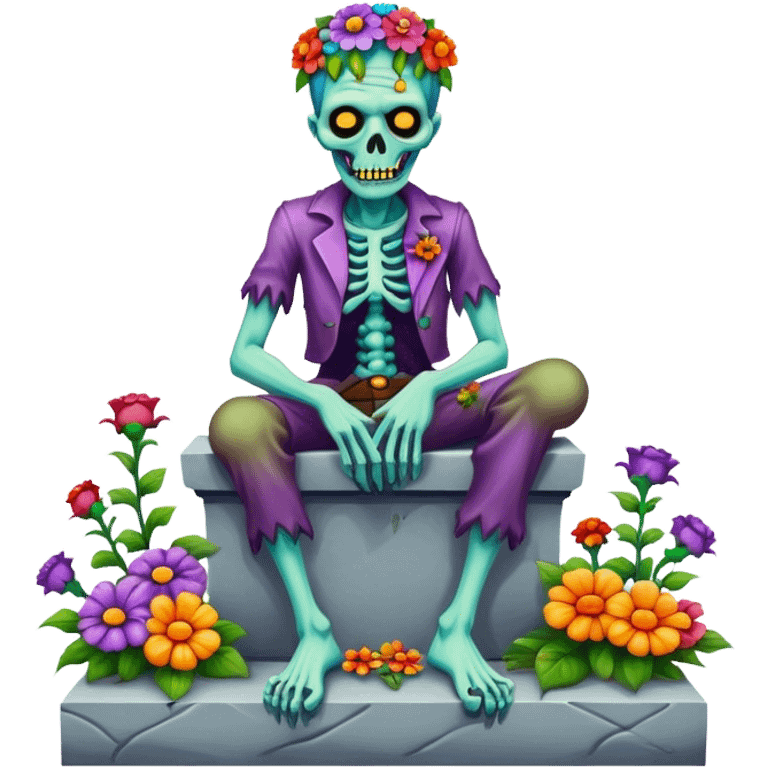 Cinematic ultra detailed 32k HD Psychedelic colored hippie style zombie with flowers sitting on a tombstone emoji