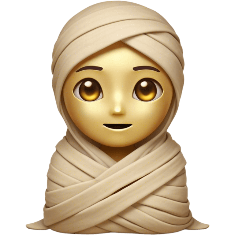 Cinematic Cute Mummy Portrait Emoji, with a delightfully charming, slightly clumsy bandaged form in warm faded tones and subtle hints of gold, featuring wide, curious eyes peeking from the wrappings and a sweet, innocent smile, simplified yet adorably detailed, glowing with a soft, ancient warmth and a gentle outline that captures the playful spirit of an ancient mummy! emoji