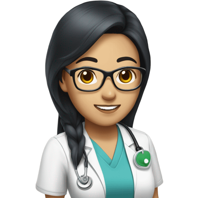 Asian nurse with long straight black hair and tan skin and clear glasses in scrubs emoji