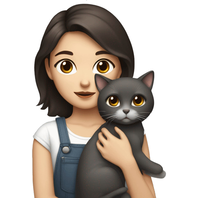 A girl with brown eyes and dark brown hair holding a white and dark grey cat  emoji