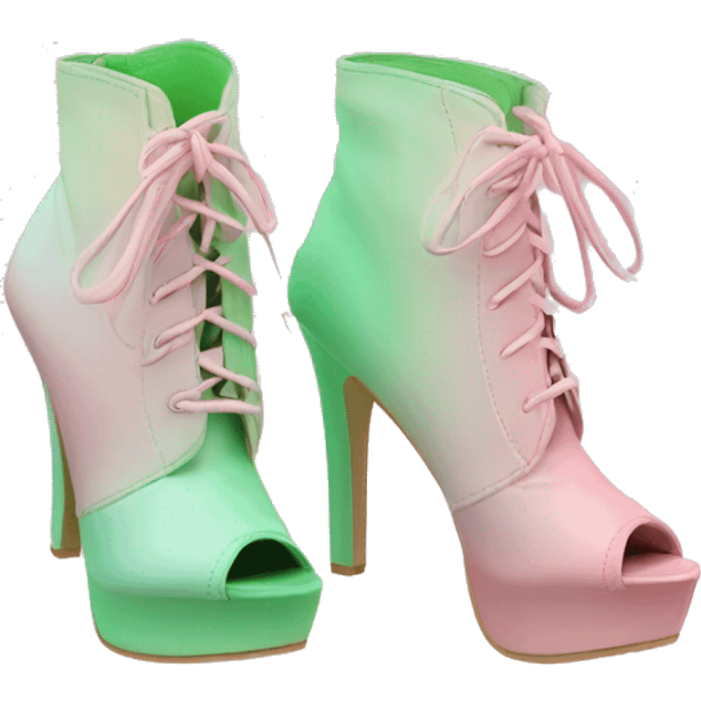 Realistic isolated top view of a pair of pastel green to pastel pink ombre peep toe ankle bootie boots.  emoji