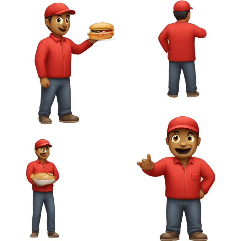 Showcase a food delivery man in red clothes and red cap, indian  emoji