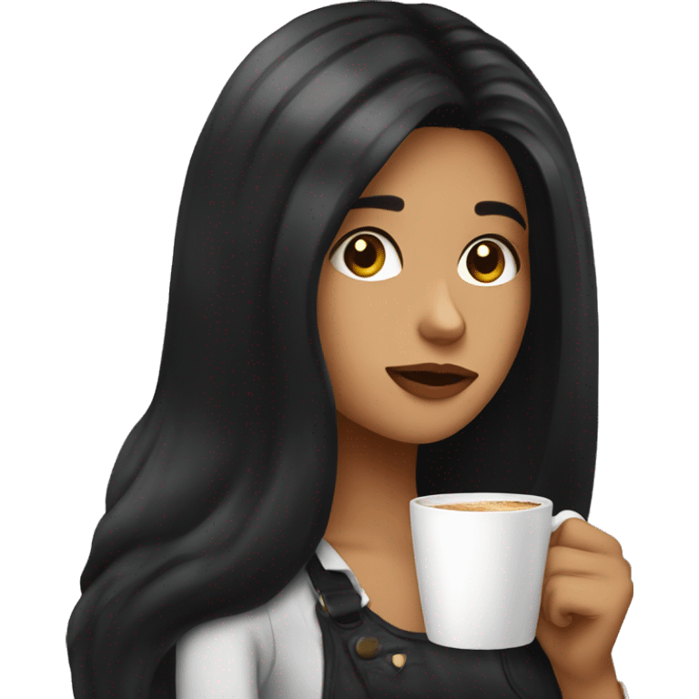 a girl with long black hair drinks coffee and eating a croissant emoji