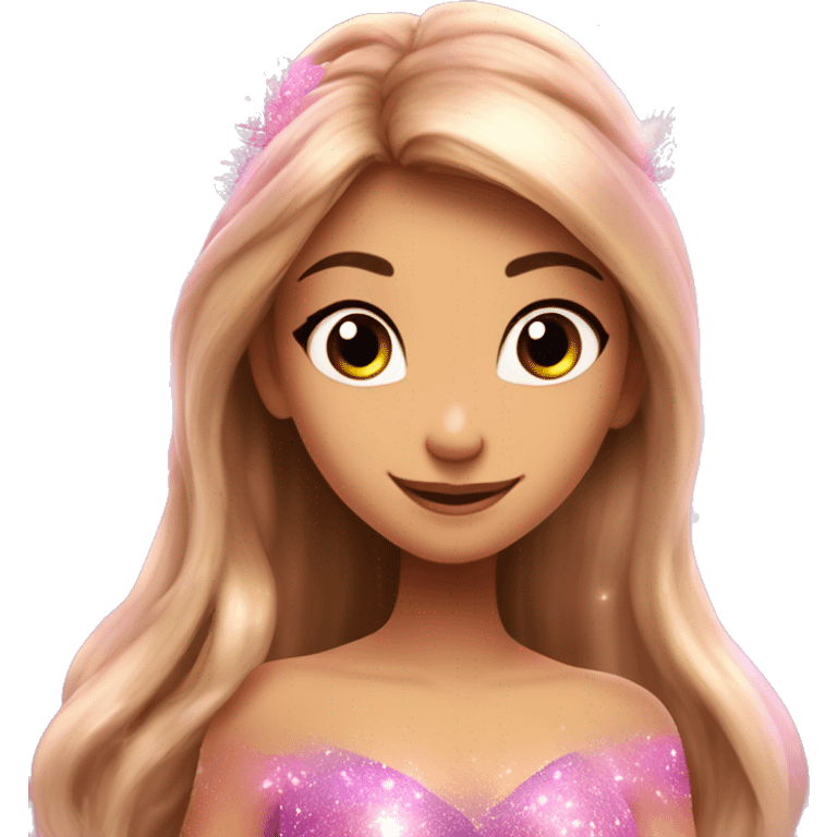 Flora the adult latina fairy of nature in her enchantix fairy pink clothing and fairy enchantix wings and long light brown hair from winx club. Small eyes, Lots of sparkles and fairydust. Full fairy bliss emoji