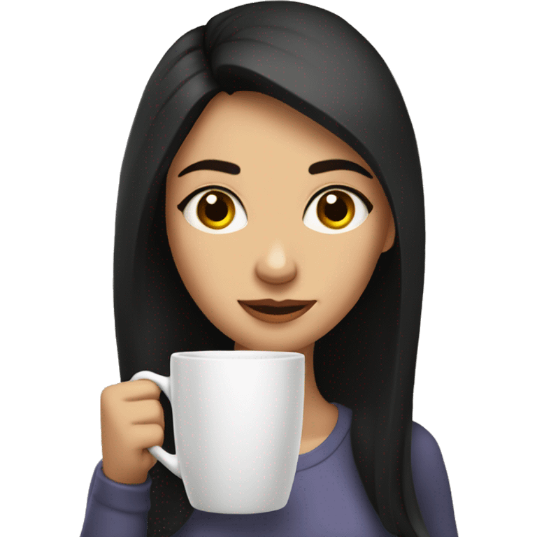 a girl with fair skin and dark hair drinks a large mug of coffee emoji