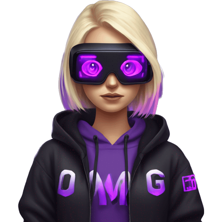 Russian cute blond girl wearing black hoody with violet letters "OMG", in vr headset. Cyberpunk style. Violet neon. emoji