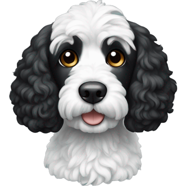 Dog black cockapoo with white chest and one white ear emoji