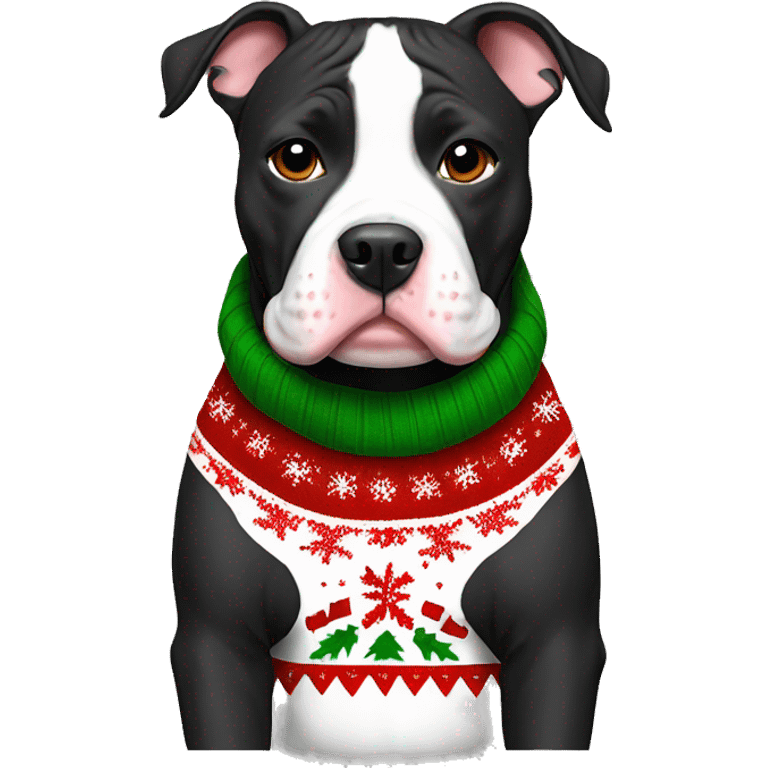 Black and white Pitbull with Christmas sweater emoji