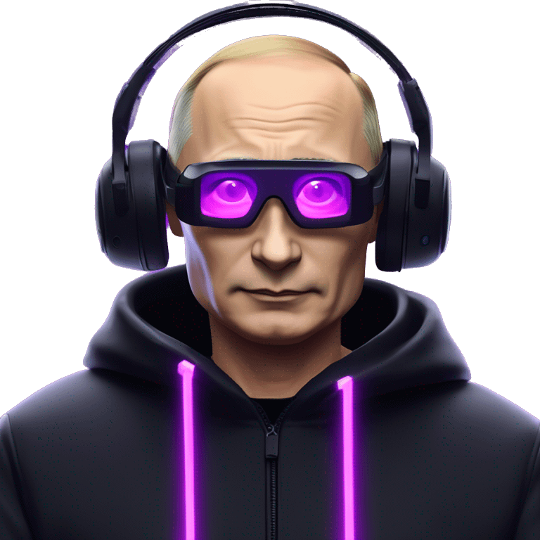 Vladimir Putin wearing a black hoodie with "OMG" letters on it and VR headset oculus quest 2 in a cyberpunk VR environment with violet neon lighting. emoji