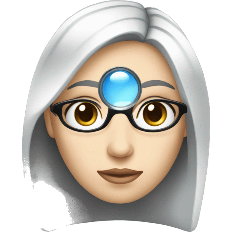 white girl with black hair and blue eyes holding a magnifying glasss emoji