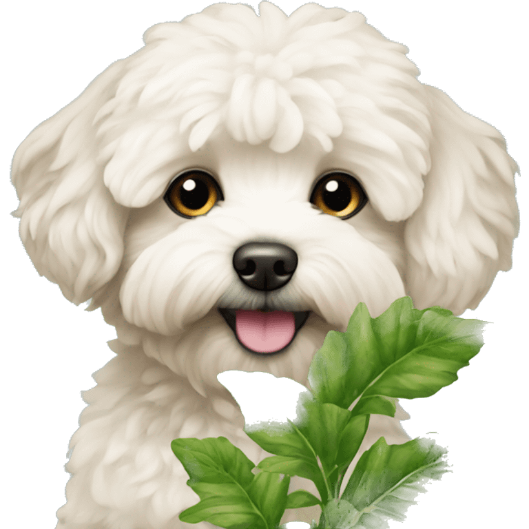 Maltipoo head with green plants behind emoji