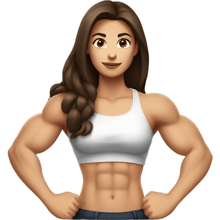 Strong muscle arm brunette girl wearing sleeves. hair down emoji