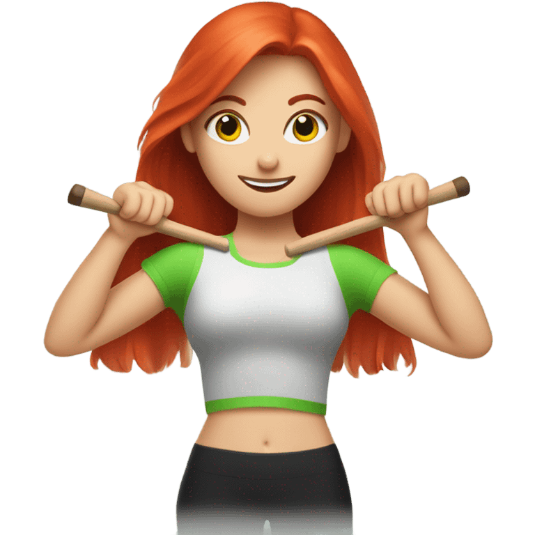 Red headed girl doing a workout with a drumstick in each hand with the drumsticks crossed in front of her and make the drumsticks green emoji